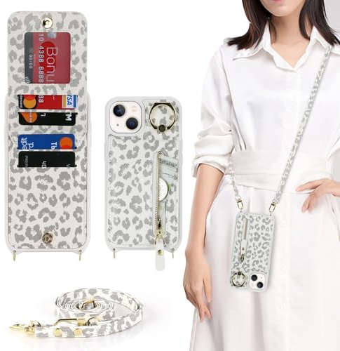 Zouzt for iPhone 14 Plus Case with Cord and Card Holde, Zipper Wallet Case with Crossbody Lanyard Ring Adjustable Necklace Protective Cover Women for iPhone 14 Plus 6.7 Inch - White Leopard