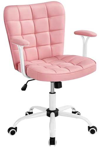 Yaheetech Homeoffice Stuhl Schreibtischstuhl Bürosessel Arbeitsstuhl aus Kunstleder, Drehstuhl mit Weichen Armlehnen, Höhenverstellbarer Polsterstuhl Computerstuhl mit Rollen, Rosa