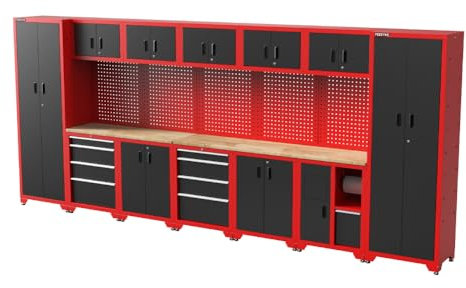 FEISTOS Werkstatteinrichtung | Werkzeugschrank Juno 12 | inkl. Lochwand | Schwarz/Rot | 462x46x198 cm