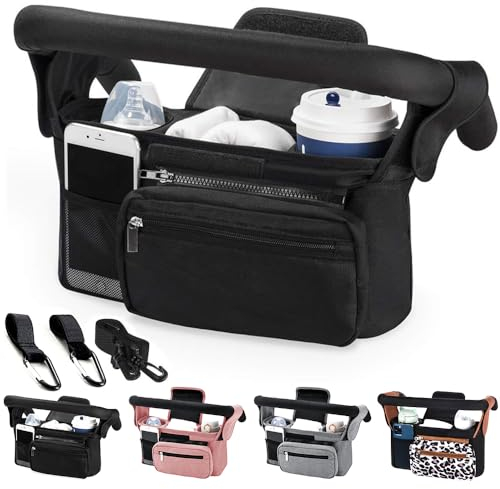 Tyuodna Baby Pram Bag Stroller,Universal Stroller Bag with 2 Insulated Cup Holder,Large Capacity Bag Organiser,Buggy Organiser Bag with Shoulder Strap&Non-Slip Secure Hooks (Balck)