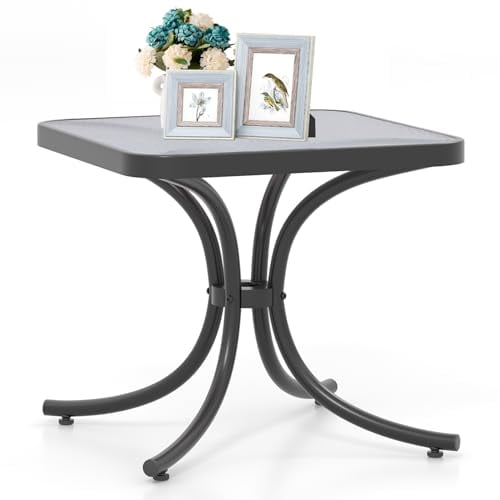 COSTWAY Beistelltisch, Kleiner Gartentisch, wetterfester Balkontisch, quadratischer Kaffeetisch mit Tischplatte aus gehärtetem Glas, für Balkon, Garten, Terrasse, 50 x 50 x 45 cm
