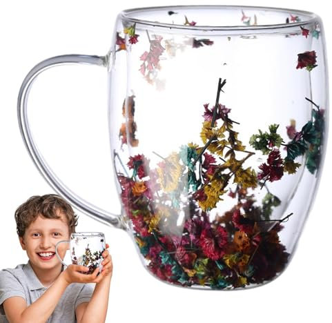 Taza de café de vidrio de doble pared | Tazas transparentes de doble pared con flores secas | Diseño llamativo de vidrio de doble capa | Tazas de café capuchino para té y café