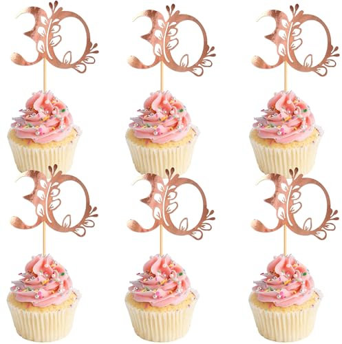 Blumomon 24Pcs 30th Happy Birthday Cupcake Toppers Happy 30 Cupcake Topper Cheers to 30 Cake Decoration for 30th Birthday Party Decoration 30th Anniversary Cake Decoration（Rose Gold）