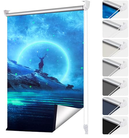 smartdemo Verdunklungsrollo ohne Bohren & mit Bohren, Hellblau 90x130cm(BxH), Klemmrollo Fensterrollo Hirsch Fluoreszierend, Thermorollo Sichtschutz und Sonnenchutz, Klemmrollo rollos für Fenster
