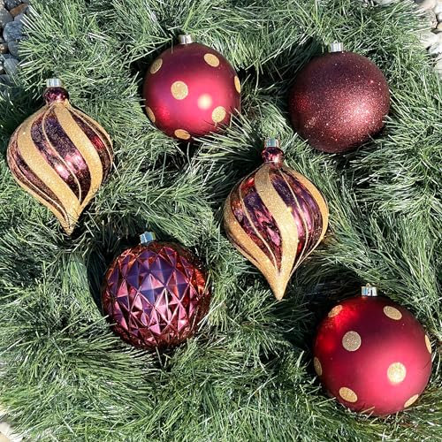 Weihnachtskugeln aus Kunststoff zum Hängen für den Außenbereich - Frost und Wetterfest - Outdoor Weihnachtkugeln - Christbaumkugeln für draußen (6 x Ø 15 cm (Vintage-Bordeaux))