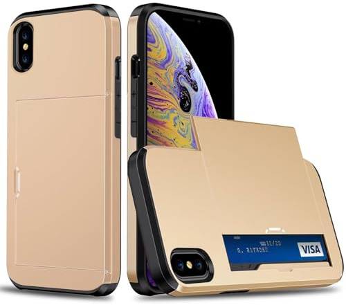 xinyunew Brieftasche für iPhone X/iPhone XS hülle mit Kartenhalter, Militärqualität Doppelwandiger Stoßfest mit Kartenfach Schutzhülle für iPhone X/iPhone XS, Golden