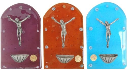 Weihwasserkessel aus Muranoglas, mit Christus-Körper aus Metall, 9 x 16 cm, 3 Farben: Blau, Orange, Bordeaux (Violett)