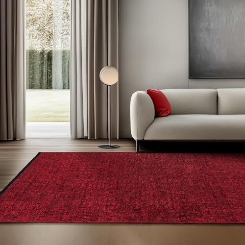 SIMPEX Baumwolle Teppich Rot 160x230 cm - Waschbar, Boho-Stil, Vintage Kelim, Kurzflor, rutschfest & Weich, Einfarbig Meliert, Für Wohnzimmer, Schlafzimmer, Büro & Küche