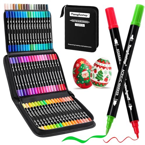 Tongfushop 72 Acrylstifte Set, Doppelspitze (Pinsel & Feinspitze) Acrylmarker, Schnelltrocknend & Deckend Acrylic Marker für Stein, Holz, Leinwand, Glas, Keramik | Ideal für Erwachsene, DIY-Projekte