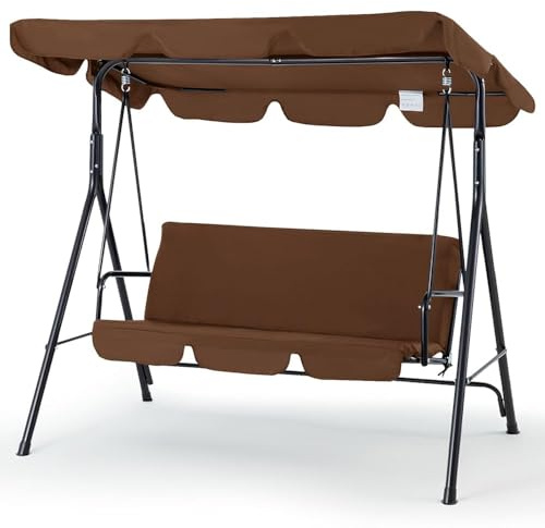 YODOLLA 3-Seater Outdoor Garden Swing Bench with Sun Canopy Brown