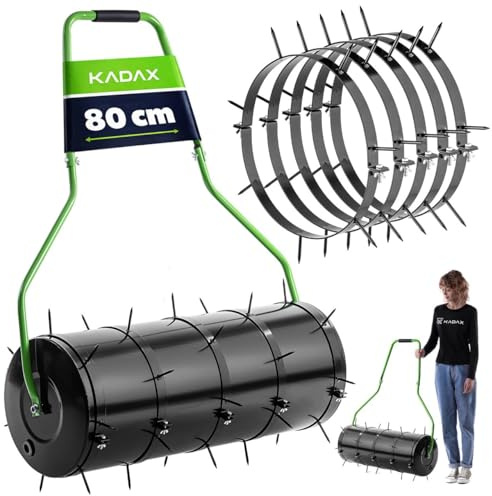 KADAX Rouleau aérateur de pelouse 80 cm, remplissable d'eau ou de sable, rouleau à gazon avec clous de 6 cm, aérateur de gazon en acier, rouleau de jardin avec pointes pour une aération efficace de la