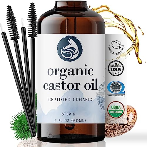 Organic Castor Oil - 2oz - 100% Pure - Cold Pressed - USDA Certified - Hexane Free - For Hair, Skin, Eyelashes, Eyebrows & Nails With Treatment Applicator Kit - by Foxbrim