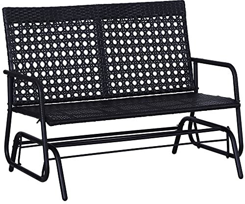 Outsunny 2 Seater PE Rattan Glider Bench, Outdoor Loveseat Chair with Steel Frame, Porch Rocking Glider for 2 Person with Armchair, High Back, Black