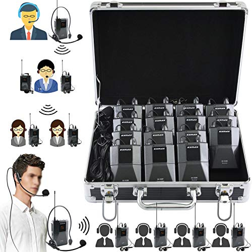 EXMAX EX938 Microfono senza fili per guida turistica audio per la traduzione della chiesa, insegnamento di viaggio, interpretazione simultanea (1 trasmettitore 14 ricevitori con custodia nera in