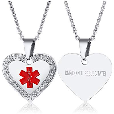 XUANPAI DNR(DO NOT RESUSCITATE) Benutzerdefinierte Gravur Notfall Medical Alert ID Neklace Kubikzircon Herz Anhänger für Frauen Mädchen, Kette 20