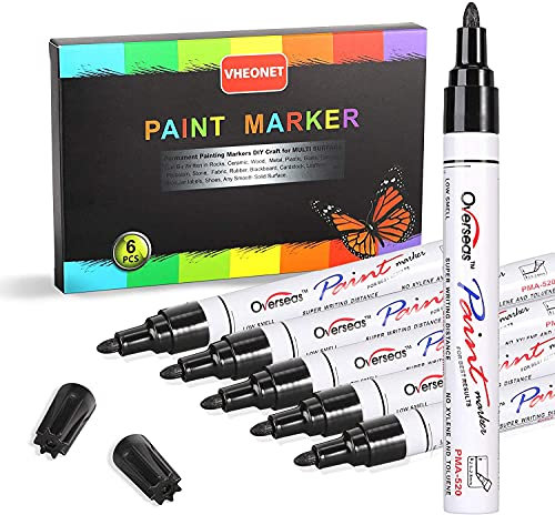 AVAVA 6 Pack Black Acrylic Metallic Markers Paint Pens, Permanent Paint Markers for Rock, Wood, Metal, Plastic, Glass, Canvas, Ceramic & More! Medium Tip with Quick Dry, Water Resistant Ink