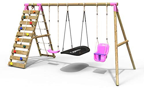 Rebo® Wooden Swing Set with Up and Over Climbing Wall - Skye Pink | OutdoorToys | Boat, Standard and Baby Toddler Swing, Sturdy Wooden Construction, Pressure Treated Timber