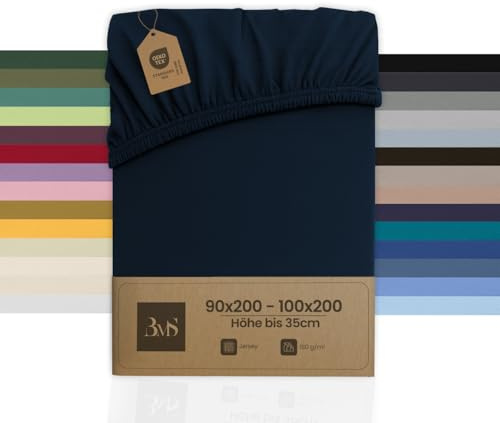 Bettwaesche-mit-Stil Spannbettlaken Jersey Spannlaken Spannbetttuch (90x200-100x200 cm, Matratzenhöhe bis 35cm, Dunkelblau) Gewicht: 180g/m², 90% Baumwolle 10% Elasthan