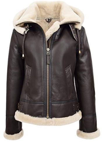 House Of Leather Naomi Veste à capuche en peau de mouton véritable B3 pour femme, Marron/blanc, 40