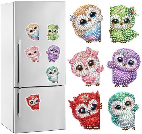 ENCOMAG Diamond Painting Kühlschrank Magnete,6 Stück Eule Diamant Painting Bastelset für Kinder Ab 6-12 Jahre,Diamant Malerei Kühlschrankmagnete für Whiteboard,Magnete Kühlschrank, Magnettafel