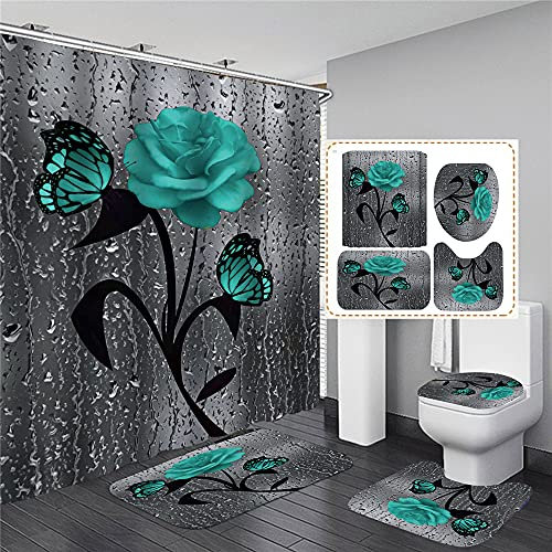 Hearda 4 Pièces Ensemble de Rideaux de Douche Modernes 3D Imprimé Rose avec Tapis Antidérapants, Couvercle de Toilette et Tapis de Bain, Rideau de Douche avec 12 Crochets (4PC,Fleur Verte)