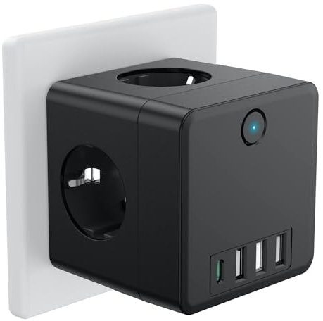 Beedove Multiprise Murale, 8 en 1 Prise USB Multiple Electrique 4 Prises avec 2 USB et 1 USB C Secteur, 3680W 16A Prise Multiprise Murale Cube avec Interrupteur pour Domicile, Bureau, Voyage, Noir