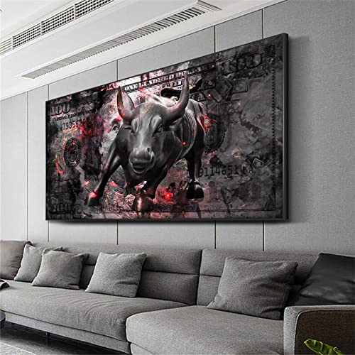 Yanyan Art Einhundert Dollar Leinwand Gemälde Bull Money Motivation Poster Street Wall Art Bild für moderne Heimdekoration 75x150cm (30x59in) Ungerahmt