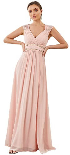 Ever-Pretty Robe de Soirée Femme Longue Plissé Col V Perlage Mousseline de Soie A Line à Mancherons Chic Rose Clair 46