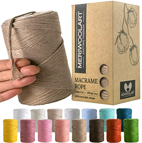 MeriWoolArt® Makramee Garn Beige - Makramee Garn 3mm farbig 200m - Super weiches Garn, einfach gedrehte Makramee Schnur - Öko-Tex 100% recyceltes Baumwollgarn farbig - DIY Boho Deko Makramee
