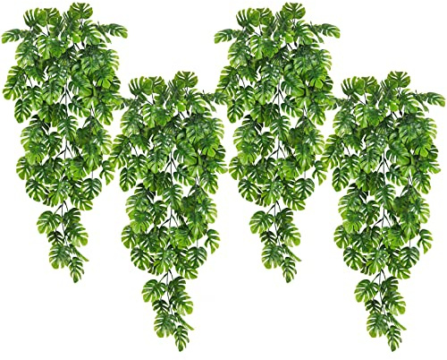 Künstliche Hängepflanzen, 4 Stück, künstliche hängende Monstera-Blätter, Efeu-Ranken, künstliche tropische Palmenblätter, hängende Pflanzen, hawaiianische Party, Outdoor-Dekoration