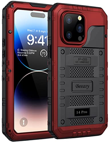 Beeasy für iPhone 14 PRO Wasserdicht Outdoor Hülle (6,1), Stoßfest Panzerhülle Militär 360 Grad Schutzhülle mit Displayschutz, Robust Metall Heavy Duty Handyhülle iPhone 14 Pro Case, Rot