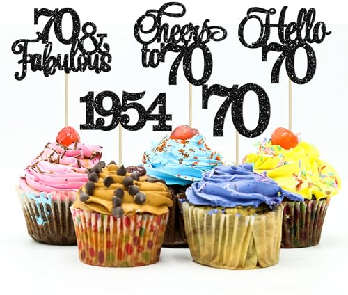 Gyufise 30Pcs 70th Birthday Cupcake Toppers 70 Fabulous Cupcake Picks Cheers to 70 1955 Cake Decorations for Happy 70th Birthday Wedding Anniversary Party Decoration Supplies Black