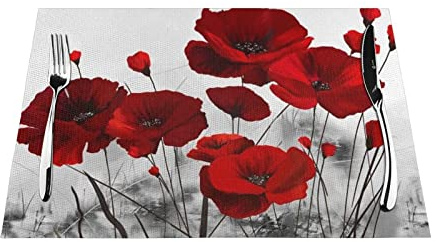 Lot de 4 sets de table tissés en PVC Motif coquelicot Rouge 45,7 x 30,5 cm