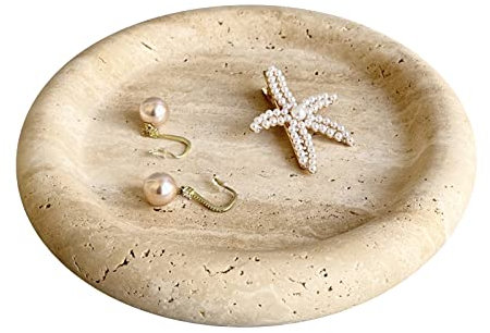 SAIDKOCC Natural Marble Round Vanity Tray Jewelry Makeup Dish Decorative Tray for Coffee Table,Bathroom,Bedroom (Beige Travertine)