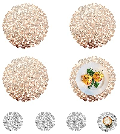 Spldsun Set of 8 Tovagliette Tonde e Sottobicchieri, Tovagliette Rotonde Scavate, Tovagliette Tonde PVC, per Tavoli Antiscivolo, Antigraffio, Decorativi (Oro Rosa, Argento)