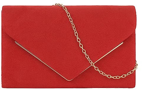 MilyaDE Damen Kunst Wildleder Clutch Abendtasche, Braut Handtasche Hochzeit Party Unterarmtasche Umhängetasche Schultertasche mit Schulterkette, Rot