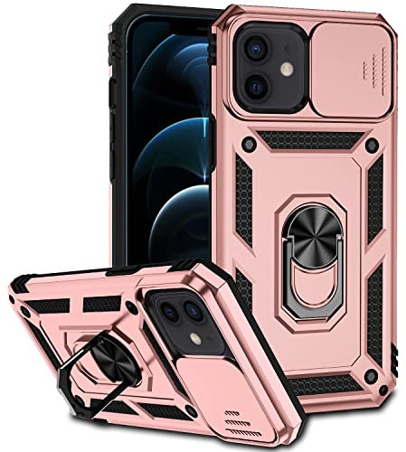 QIWEIQING Funda para iPhone 13 Mini, Cubierta de cámara Deslizante Proteger Militar Antigolpes Protectora Carcasa Soporte Silicona TPU + PC Rugged Case para iPhone 13 Mini. Oro Rosa JXT