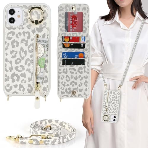 Zouzt for iPhone 11 Case with Cord and Card Holde, Zipper Wallet Case with Crossbody Lanyard Ring Adjustable Necklace Protective Cover Women for iPhone 11 6.1 Inch - White Leopard