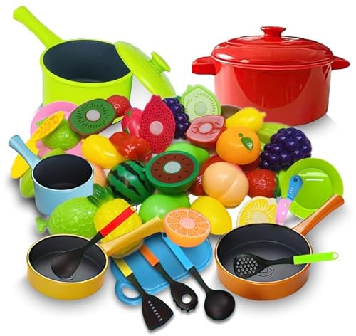 Koolbitz 50 Pcs Kids Kitchen Pretend Play Set, Utensils & Food Set, Cutting Play Food Toy for Kids Kitchen Accessories for Toddlers 3 4 5 6 Years
