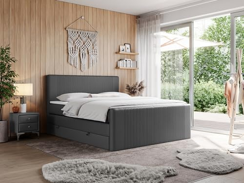 MKS MEBLE King Boxspringbett 180x200, Polsterbett 180x200 mit Bettkasten, Bett 180x200 mit Multipocket-Matratze H3, Boxspringbett 180x200 mit Kopfteil und Topper - H3 Dunkelgrau Kunstleder - Doren