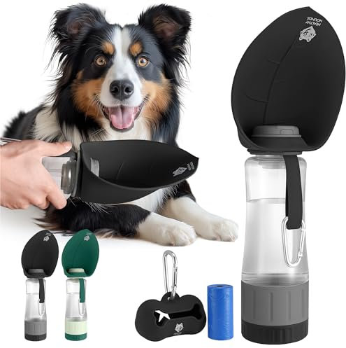 Healthy Hounds Portable Dog Water Bottle for Walking, Travel | 600ml (20.3oz) Leak-Proof Pet Water Dispenser | Black Dog Travel Accessories & Essentials