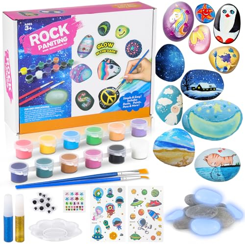 Ezydka Kit de Peinture sur Pierre pour Enfants, kit de peinture créatif, Ensemble de Peinture Rupestre Loisir Creatif, Kit de Peinture sur Roche pour Enfants 5-10 Ans, 12 Couleurs