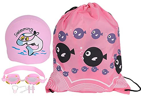 Occhialini da Nuoto Per Bambini, Kit di Occhialini da Piscina Antiappannamento Simpatico Cartone Animato Per Ragazzo E Ragazza, Include Tappi Per Le Orecchie, Clip Per Naso, Cappello da Nuoto(Rosa)