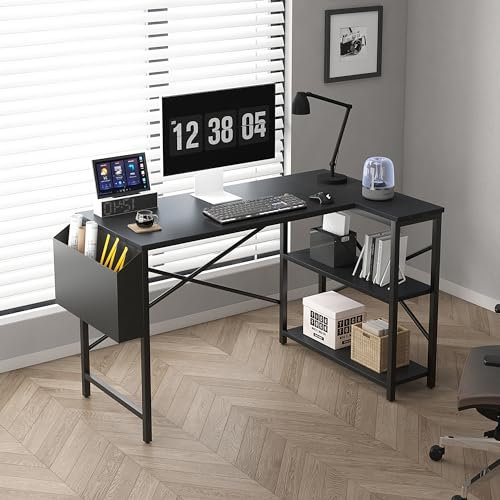 MCC Direct L-Shaped Corner Desk With Bookshelf - Computer Study Office Gaming Writing Table, Reversible for Home Studio Workstation (Black, 120cm)