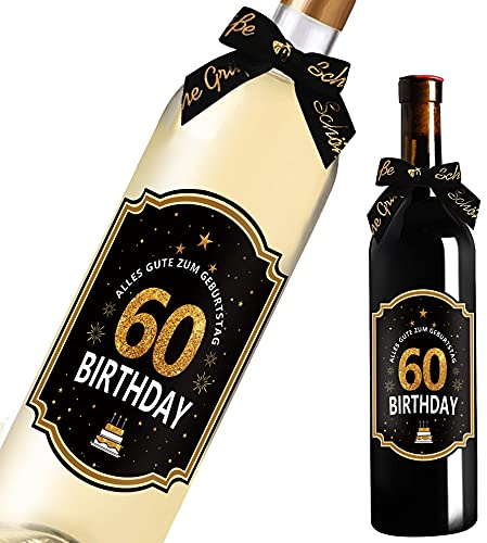 60. Geburtstag Flaschenetikett mit Schleife Schwarzes Gold Lack veredelt 8,5x11,5cm Happy Birthday 60 - Geburtstagsdeko Geburtstagsgeschenk Geschenke für Frauen Männer