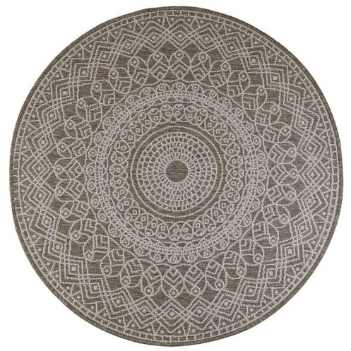 Knutzen Wohnen Palma Boho Teppich Rund Ø 160 cm Beige - Mandala Teppich - Wetterfest - In- & Outdoor