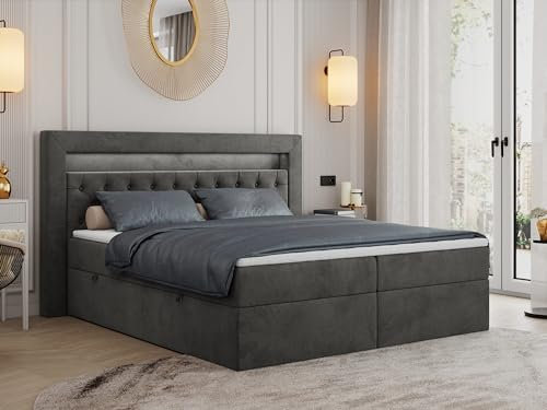MKS MEBLE Boxspringbett 140x200 mit Led Grau Samt, Bett 140x200 mit LED Kopfteil, Multipocket Matratze H4, Doppelbett mit Bettkasten Stauraumbett - Gold-6 - Dunkelgrau Velvet