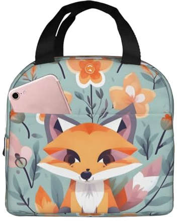 EdWal Lonchera con estampado de zorro y flores de animales para mujeres y hombres, bolsa de almuerzo reutilizable aislada, para el trabajo, viajes, picnic