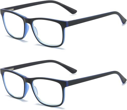MMOWW Paquete de 2 Gafas de Lectura - Gafas Ultraligeras Anti Luz Azul con Bisagras de Resorte y Lente Cuadrada Transparente (2*Azul Oscuro, 2.5)