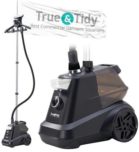 True & Tidy® - Vaporizador industrial de pie para ropa, 1800 vatios, tanque de agua XL de 3 litros de 90 minutos de vapor y 3 ajustes de vapor, control de encendido/apagado y ruedas para un fácil